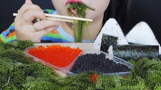 ASMR EATING BLACK - RED SALMON EGGS, SEA GRAPES, ONIGIRI, KIMBAP EATING SOUND | LINH-ASMR