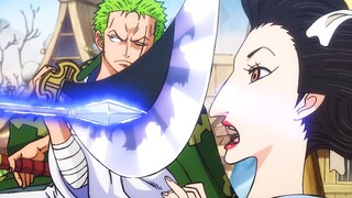 Zoro stops Batman's rain of dark arrows to protect Kinemon's wife