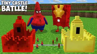 SPIDER-MAN PATRICK TINY CASTLE vs IRONMAN SPONGEBOB TINY CASTLE ! Superhero Castle in Minecraft