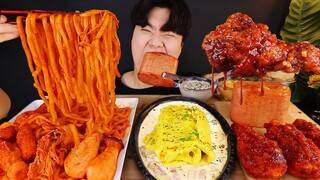 ASMR MUKBANG 버섯 우동볶음 & 치즈 통스팸 & 양념 치킨먹방! FIRE Noodle & FRIED CHICKEN & CHEESE SPAM EATING SOUND!