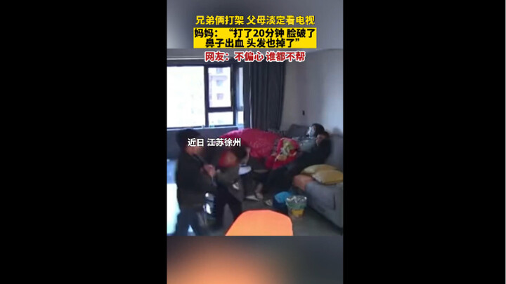 Two brothers fight while their parents calmly watch TV; Mom says, "They've been fighting for 20 minu