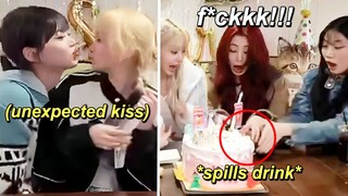 Chaewon kissing Eunchae, Kazuha spilling Yunjin's drink (Sakura's Birthday LIVE)