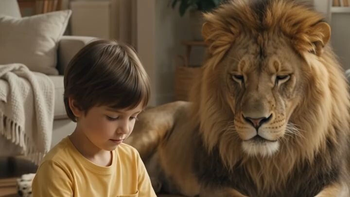 Child_folding_clothes_with_lion