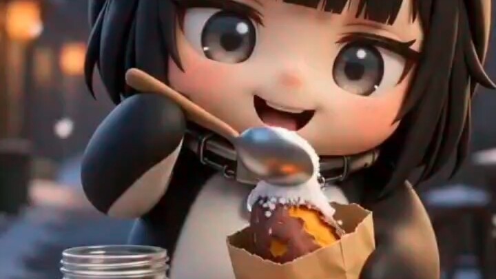 Chú chim cánh cụt nhỏ gù gù kêu bán khoai lang nướng kiểu cũ