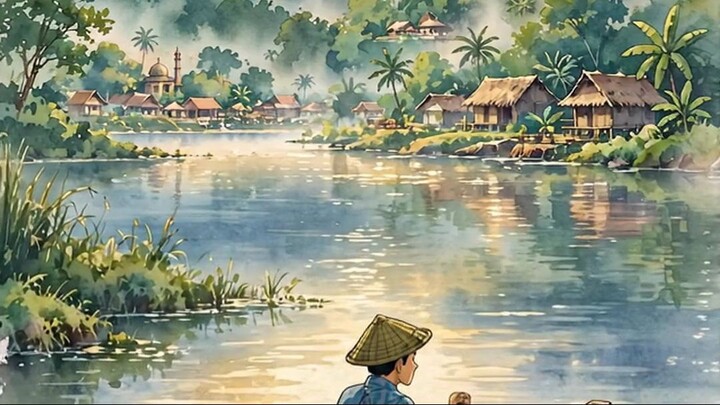 Cozy Village Anime — Morning Row Across the Quiet Lake