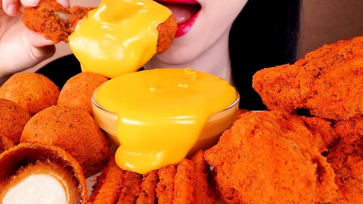 ASMR SPICY FRIED CHICKENS FRIES CHEESE BALLS MUKBANG