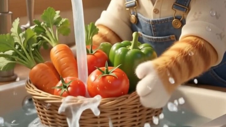 A cute AI cat cooking her Vegetable