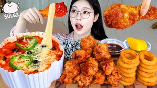 ASMR MUKBANG| 직접 만든 치즈 떡볶이 양념치킨 어니언링 먹방 & 레시피 FRIED CHICKEN AND Tteokbokki EATING