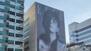 BTS's V graces an entire side of ELLE Korea's company building with his celebrated cover
