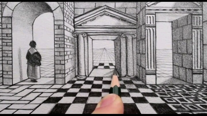 Menggunakan perspektif satu titik dalam menggambar bangunan dengan sketsa