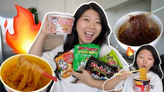 SPICY KOREAN RAMEN HAUL! Trying Every Samyang Buldak FIRE NOODLES 🔥 (mukbang & cooking)