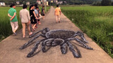 How do passers-by react if a giant spider runs into the road?