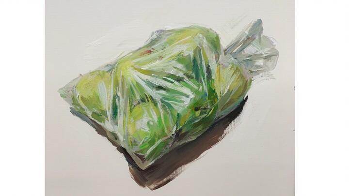 【水粉色彩】画一塑料袋绿苹果……