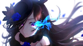 "Uma Musume: Pretty Derby / Rice Bath" A dark hero with blue flames burning in the corners of his eyes