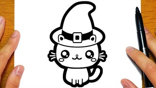 BELAJAR MELUKIS KUCHING DENGAN TOPI COMEL UNTUK HALLOWEEN | Lukisan yang mudah