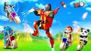 Gorilla and Monkey with Wooden Bikes Fight Transformer in Forest Funny Animals Comedy 3D Videos