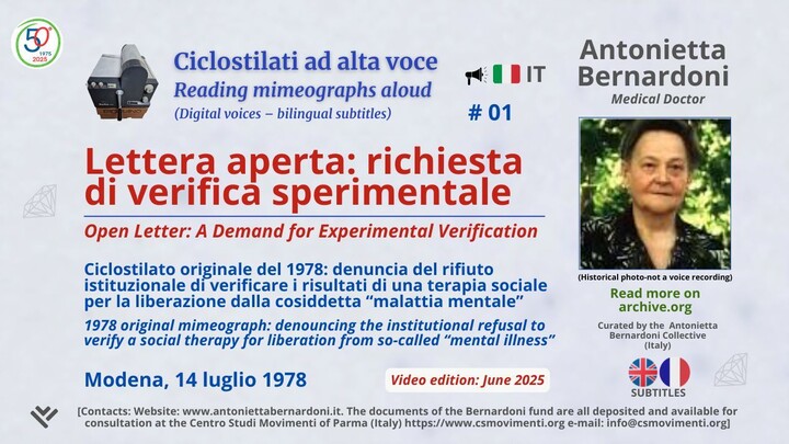 Antonietta Bernardoni - 1978 Lettera Aperta Richiesta Di Verifica Sperimentale 50° Eng Fra