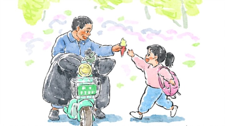 Grandpa carefully holds the ice-cream cone in his hands, his face beaming with love for his granddau