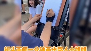 Street artist draws a cute girl passerby in just one minute—she looks so much like the real thing!