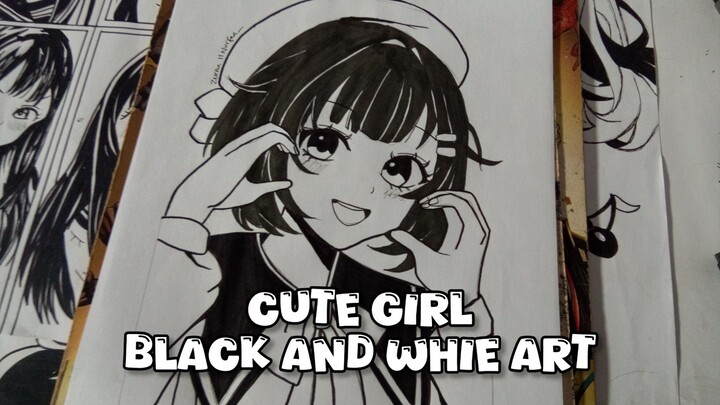 Cute Girl || Black and White Art (SPEED DRAWING)