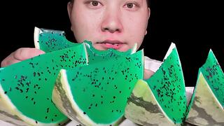 Eating green watermelon jelly ASMR video
