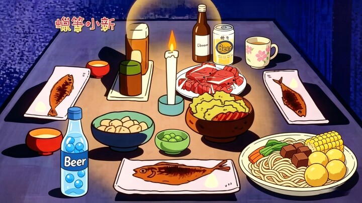 【Crayon Shin-chan】Power outage during a thunderstorm—light candles and enjoy crispy shredded cabbage