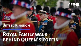 Members of the Royal Family walk behind Queen Elizabeth II's coffin | AFP