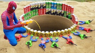 Experiment: Spiderman vs Fanta, Pepsi, Sprite, Mtn Dew, Sodas, Coca-Cola vs Mentos in Underground