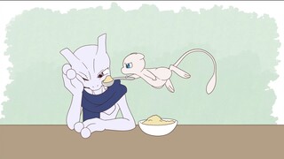 Kehidupan sehari-hari Mewtwo dan Mew: Makan serpihan dedak, besar sekali.