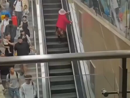 执着的老太太坚持在扶梯上逆行数分钟，导致一大堆人堵着无法乘坐电梯