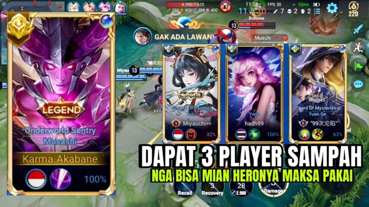 DAPAT 3 PLAYER SAMPAH MAKSA PAKAI HERO YANG NGA BISA DIPAKAI