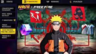 FINALMENTE!! PARCERIA COM NARUTO, PEGUE OS ITENS? CUBO GRÁTIS, CAMISAS DE TIME - NOVIDADES FREE FIRE