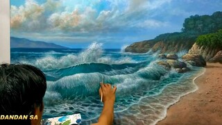 CARA MENGGAMBAR - MELUKIS PEMANDANGAN LAUT & PANTAI / HOW TO DRAW SEA AND BEACH SCENERY BY DANDAN SA