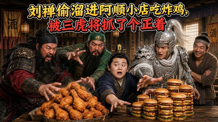 Lưu Thiện lén trốn đến quán nhỏ của A Thuận ăn hamburger và gà rán, bị ngũ hổ tướng bắt quả tang 【AI