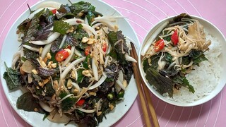 món ăn đẹp da.một tuần ba lần. tía tô trộn nấm.