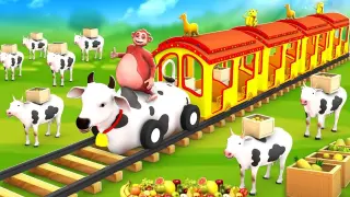 Funny Animals Cow Train in Zoo Fruits Transport in Forest Ride in Jungle | Animals 3D Cartoon Videos