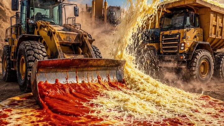 🚜🔥 صنعت بيتزا باستخدام جرار وحفّار وشاحنة ضخمة! 🍕😱