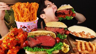 ASMR MUKBANG 햄버거 & 치즈 퐁듀 & 치킨먹방! FIRE Noodle & FRIED CHICKEN & CHEESE STICK EATING SOUND!