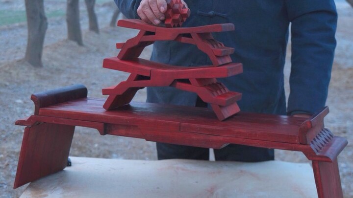 ใช้ไม้แท้แกะสลักเป็นโต๊กเจ้าพ่อขาสูงขนาดเล็ก 15 ชิ้น รุ่นที่ห้าของม้านั่งลู่ปาน พร้อมกลไกล็อกเก้าเสา