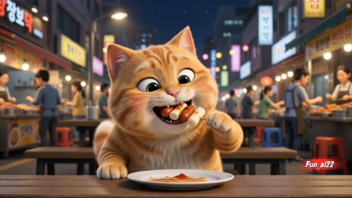 Orange cat eats Korean streetfood