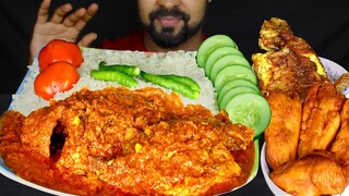 Eating Two FULL FISH Curry| FULL FISH Fry| Pakoda, Rice, Green Chili, Tomato, Salad| #LiveToEATT