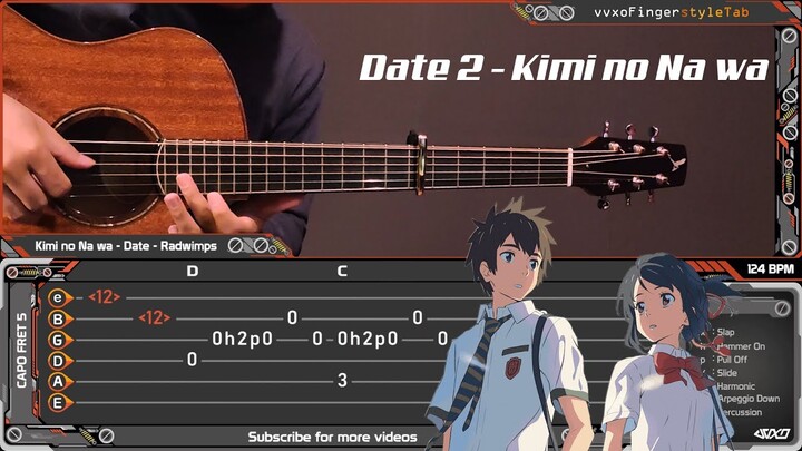 Kimi no Na wa (Your name) - Date 2 - RADWIMPS - Fingerstyle Guitar Cover | TAB Tutorial
