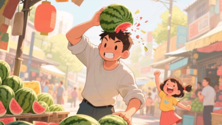 Day 9 of busking in the cyberpunk style with my 6-year-old sister (head-breaking watermelon)