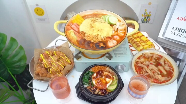 [Food]Making ham omelet, fried chicken, bibimbap and forces hot pot