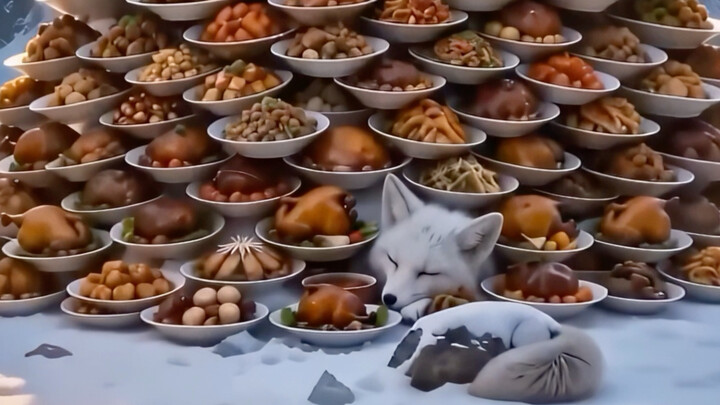 Rescuing a fox on the snowy mountain, but also listing the dishes