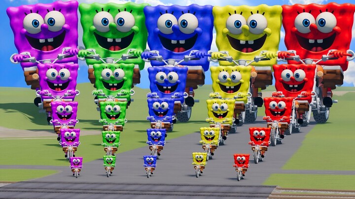 Big & Small: Red vs Yellow vs Blue vs Green vs Pink SpongeBob on a motorcycle vs Trains | BeamNG