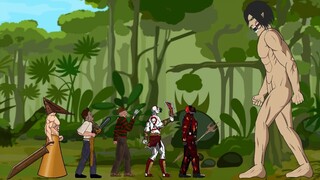 Eren Titan vs Pyramid Head, Kratos, Jason Savini, Leatherface, Freddy   Drawing Cartoon 2