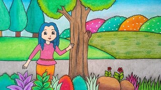 Menggambar gadis cantik || Cara menggambar orang rambut kriting || Menggambar orang di taman