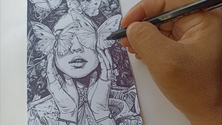 menggambar gadis dan kupu kupu