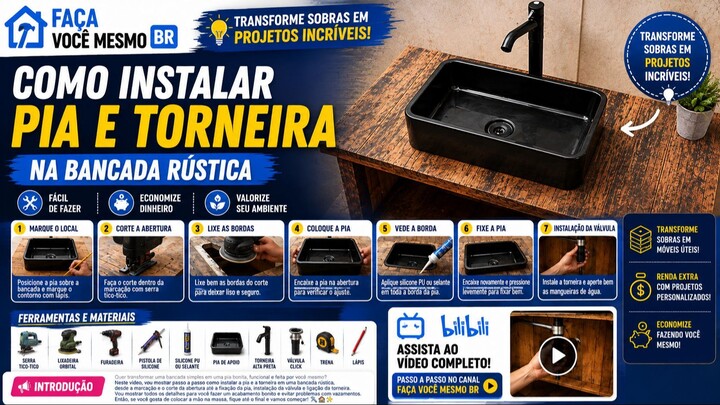 como instalar  Pia e Torneira na Bancada Rústica.